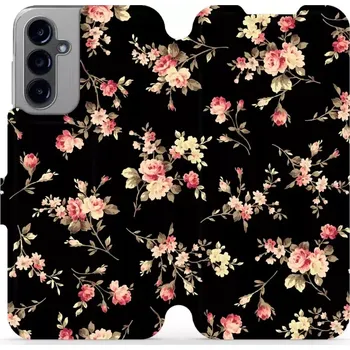 Pouzdro na mobilní telefon Flipové pouzdro Mobiwear - Samsung Galaxy A14 LTE / 5G - VD02S Květy na černé (Knížkové flip pouzdro, obal, kryt na mobil Samsung Galaxy A14 LTE / 5G - VD02S Květy na černé, materiál Umělá kůže + TPU - ochrana 360°, stojánek, silikonová vanička, magnetick