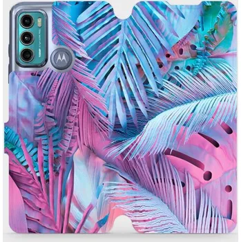 Pouzdro na mobilní telefon Flipové pouzdro Mobiwear - Motorola Moto G60 - MG10S Fialové a modré listy (Knížkové flip pouzdro, obal, kryt na mobil Motorola Moto G60 - MG10S Fialové a modré listy, materiál Umělá kůže + TPU - ochrana 360°, stojánek, silikonová vanička, magnetické)