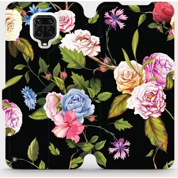 Pouzdro na mobilní telefon Flipové pouzdro Mobiwear - Xiaomi Redmi Note 9 Pro - VD07S Růže a květy na černém pozadí (Knížkové flip pouzdro, obal, kryt na mobil Xiaomi Redmi Note 9 Pro - VD07S Růže a květy na černém pozadí, materiál Umělá kůže + TPU - ochrana 360°, stojánek,)