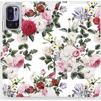 Pouzdro na mobilní telefon Flipové pouzdro Mobiwear - Xiaomi Redmi Note 10 5G - MD01S Růže na bílé (Knížkové flip pouzdro, obal, kryt na mobil Xiaomi Redmi Note 10 5G - MD01S Růže na bílé, materiál Umělá kůže + TPU - ochrana 360°, stojánek, silikonová vanička, magnetické zavírání)