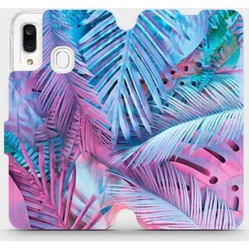 Pouzdro na mobilní telefon Flipové pouzdro Mobiwear - Samsung Galaxy A40 - MG10S Fialové a modré listy (Knížkové flip pouzdro, obal, kryt na mobil Samsung Galaxy A40 - MG10S Fialové a modré listy, materiál Umělá kůže + TPU - ochrana 360°, stojánek, silikonová vanička, magnetické)