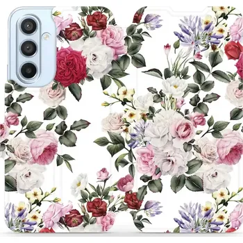 Pouzdro na mobilní telefon Flipové pouzdro Mobiwear - Samsung Galaxy A54 5G - MD01S Růže na bílé (Knížkové flip pouzdro, obal, kryt na mobil Samsung Galaxy A54 5G - MD01S Růže na bílé, materiál Umělá kůže + TPU - ochrana 360°, stojánek, silikonová vanička, magnetické zavírání)