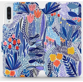 Pouzdro na mobilní telefon Flipové pouzdro Mobiwear - Samsung Galaxy A50 - MP03P Modrá květena (Knížkové flip pouzdro, obal, kryt na mobil Samsung Galaxy A50 - MP03P Modrá květena, materiál Umělá kůže + TPU - ochrana 360°, stojánek, silikonová vanička, magnetické zavírání)