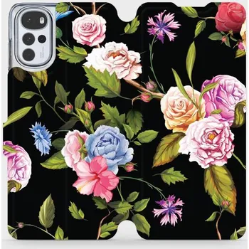 Pouzdro na mobilní telefon Flipové pouzdro Mobiwear - Motorola Moto G22 - VD07S Růže a květy na černém pozadí (Knížkové flip pouzdro, obal, kryt na mobil Motorola Moto G22 - VD07S Růže a květy na černém pozadí, materiál Umělá kůže + TPU - ochrana 360°, stojánek, silikonová vanička,