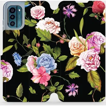 Pouzdro na mobilní telefon Flipové pouzdro Mobiwear - Nokia G21 / Nokia G11 - VD07S Růže a květy na černém pozadí (Knížkové flip pouzdro, obal, kryt na mobil Nokia G21 / Nokia G11 - VD07S Růže a květy na černém pozadí, materiál Umělá kůže + TPU - ochrana 360°, stojánek, silikonová)