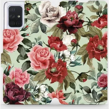 Pouzdro na mobilní telefon Flipové pouzdro Mobiwear - Samsung Galaxy A71 - MD06P Růže a květy na světle zeleném pozadí (Knížkové flip pouzdro, obal, kryt na mobil Samsung Galaxy A71 - MD06P Růže a květy na světle zeleném pozadí, materiál Umělá kůže + TPU - ochrana 360°, stojánek,)