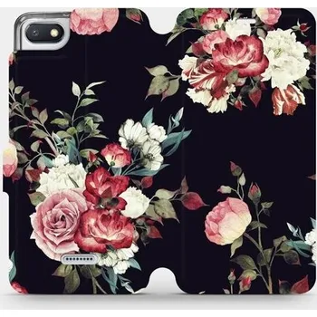 Pouzdro na mobilní telefon Flipové pouzdro Mobiwear - Xiaomi Redmi 6A - VD11P Růže na černé (Knížkové flip pouzdro, obal, kryt na mobil Xiaomi Redmi 6A - VD11P Růže na černé, materiál Umělá kůže + TPU - ochrana 360°, stojánek, silikonová vanička, magnetické zavírání)