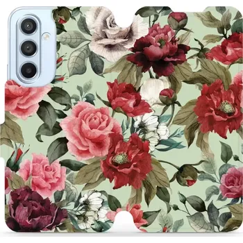 Flipové pouzdro Mobiwear - Samsung Galaxy A54 5G - MD06P Růže a květy na světle zelené (Knížkové flip pouzdro, obal, kryt na mobil Samsung Galaxy A54 5G - MD06P Růže a květy na světle zelené, materiál Umělá kůže + TPU - ochrana 360°, stojánek, silikonová)