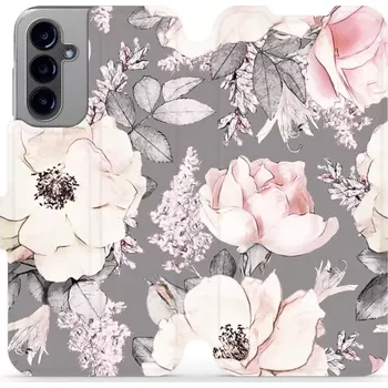 Pouzdro na mobilní telefon Flipové pouzdro Mobiwear - Samsung Galaxy A14 LTE / 5G - MX06S Květy na šedém pozadí (Knížkové flip pouzdro, obal, kryt na mobil Samsung Galaxy A14 LTE / 5G - MX06S Květy na šedém pozadí, materiál Umělá kůže + TPU - ochrana 360°, stojánek, silikonová)