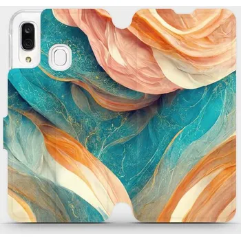 Pouzdro na mobilní telefon Flipové pouzdro Mobiwear - Samsung Galaxy A40 - VP36S Azurový a oranžový mramor (Knížkové flip pouzdro, obal, kryt na mobil Samsung Galaxy A40 - VP36S Azurový a oranžový mramor, materiál Umělá kůže + TPU - ochrana 360°, stojánek, silikonová vanička,)