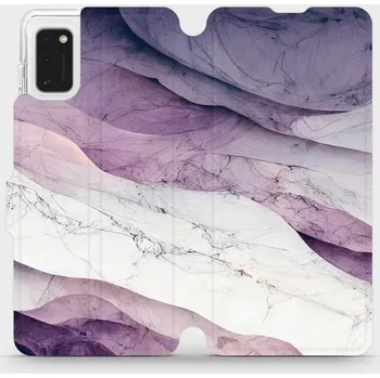 Pouzdro na mobilní telefon Flipové pouzdro Mobiwear - Samsung Galaxy A41 - VP31S Bílý a fialový mramor (Knížkové flip pouzdro, obal, kryt na mobil Samsung Galaxy A41 - VP31S Bílý a fialový mramor, materiál Umělá kůže + TPU - ochrana 360°, stojánek, silikonová vanička, magnetické)