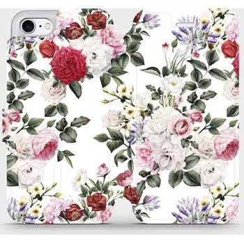 Pouzdro na mobilní telefon Flipové pouzdro Mobiwear - Apple iPhone SE 2020 / SE 2022 - MD01S Růže na bílé (Knížkové flip pouzdro, obal, kryt na mobil Apple iPhone SE 2020 / SE 2022 - MD01S Růže na bílé, materiál Umělá kůže + TPU - ochrana 360°, stojánek, silikonová vanička,)