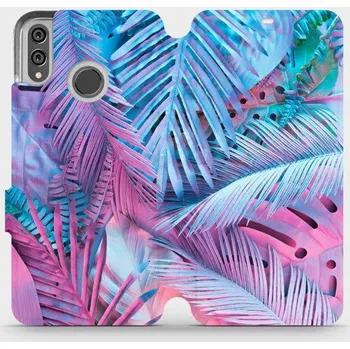 Pouzdro na mobilní telefon Flipové pouzdro Mobiwear - Honor 8X - MG10S Fialové a modré listy (Knížkové flip pouzdro, obal, kryt na mobil Honor 8X - MG10S Fialové a modré listy, materiál Umělá kůže + TPU - ochrana 360°, stojánek, silikonová vanička, magnetické zavírání)
