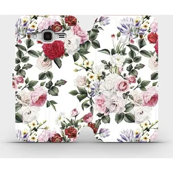 Pouzdro na mobilní telefon Flipové pouzdro Mobiwear - Samsung Galaxy J3 2016 - MD01S Růže na bílé (Knížkové flip pouzdro, obal, kryt na mobil Samsung Galaxy J3 2016 - MD01S Růže na bílé, materiál Umělá kůže + TPU - ochrana 360°, stojánek, silikonová vanička, magnetické zavírání)