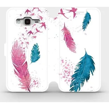Pouzdro na mobilní telefon Flipové pouzdro Mobiwear - Samsung Galaxy J3 2016 - MR08S Pírka (Knížkové flip pouzdro, obal, kryt na mobil Samsung Galaxy J3 2016 - MR08S Pírka, materiál Umělá kůže + TPU - ochrana 360°, stojánek, silikonová vanička, magnetické zavírání)