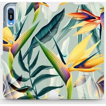 Pouzdro na mobilní telefon Flipové pouzdro Mobiwear - Huawei Y6 2019 - MC02S Žluté velké květy a zelené listy (Knížkové flip pouzdro, obal, kryt na mobil Huawei Y6 2019 - MC02S Žluté velké květy a zelené listy, materiál Umělá kůže + TPU - ochrana 360°, stojánek, silikonová vanička,