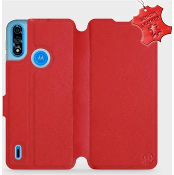 Pouzdro na mobilní telefon Kožené flip pouzdro Mobiwear - Motorola Moto E7 Power - Červené (Kožené knížkové pouzdro, obal, kryt na mobil Motorola Moto E7 Power, Červené, materiál Genuine Leather, ochrana 360°, stojánek, silikonová vanička, magnetické zavírání)
