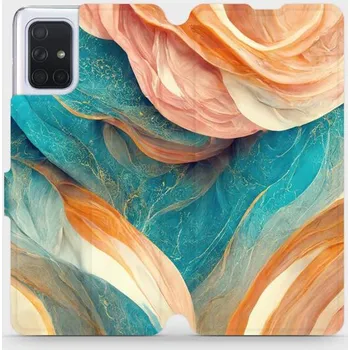 Pouzdro na mobilní telefon Flipové pouzdro Mobiwear - Samsung Galaxy A71 - VP36S Azurový a oranžový mramor (Knížkové flip pouzdro, obal, kryt na mobil Samsung Galaxy A71 - VP36S Azurový a oranžový mramor, materiál Umělá kůže + TPU - ochrana 360°, stojánek, silikonová vanička,)