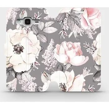 Pouzdro na mobilní telefon Flipové pouzdro Mobiwear - Samsung Galaxy J3 2016 - MX06S Květy na šedém pozadí (Knížkové flip pouzdro, obal, kryt na mobil Samsung Galaxy J3 2016 - MX06S Květy na šedém pozadí, materiál Umělá kůže + TPU - ochrana 360°, stojánek, silikonová vanička,)