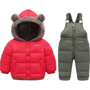 Dětské oteplovací kalhoty s laclem + zimní bunda (12 barevných variant) Barva: červená bunda + zelené kalhoty, Velikost: 90/2 roky