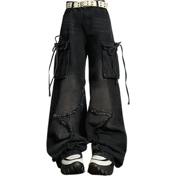Dámské džíny Dámské široké džíny s kapsami a šňůrkami Barva: Černá, Velikost: XL