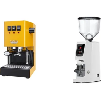 Příprava kávy Gaggia Classic E24, yellow + Eureka Atom W 65, white