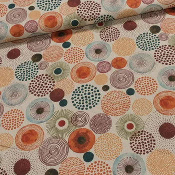 Bavlněné plátno ESTER SOI, vyšší gramáž, oranžová kola na režné, š.140cm (látka v metráži)