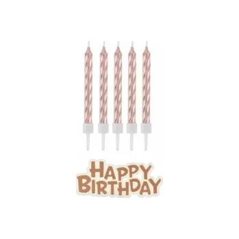 Dortová svíčka Dortové svíčky - RŮŽOVO - ZLATÉ + dekorace Happy Birthday