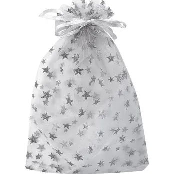 Dárková taška Pytlík organzový bílý s hvězdami s glitrem 9 x 12 cm