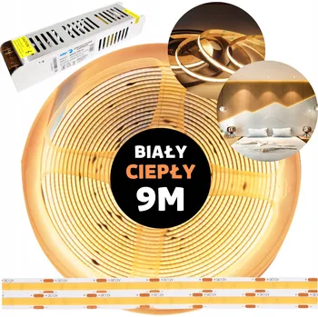 LED osvětlení Taśma LED COB s napájecím zdrojem, teplá bílá, 12V, 9M