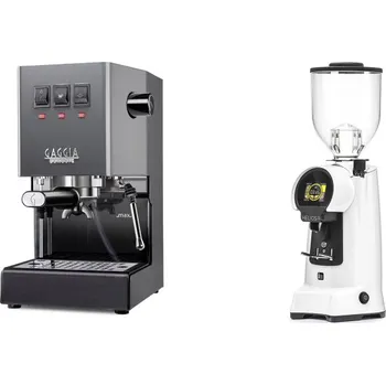 Příprava kávy Gaggia Classic E24 BC, grey + Eureka Helios 75, white