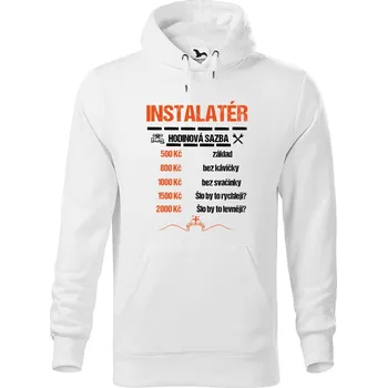 Pánská mikina DOBRÝ TRIKO Pánská mikina s potiskem Instalatér hodinová sazba Velikost pánské mikiny: XL, Barva: Bílá