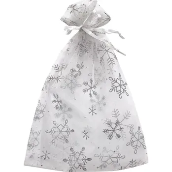 Vánoční dekorace Pytlík organzový bílý s stříbrnými vločkami 15x22 cm