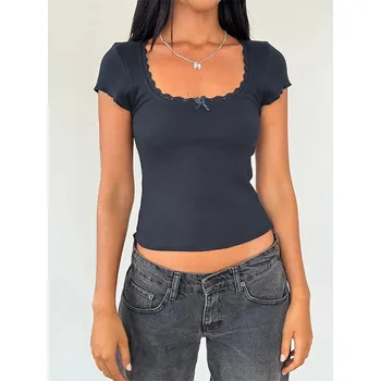 Dámská halenka Tričko s hranatým výstřihem a mašlí Barva: Šedá, Velikost: L