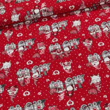 Směsové plátno vánoční EXPRES ČERVENÝ, skřítci ve vláčku, š.140cm (látka v metráži)