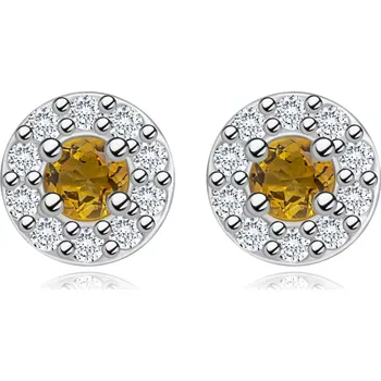 Náušnice Stříbrné 925 náušnice - kulatý žlutý citrín, čiré zirkony, puzetky