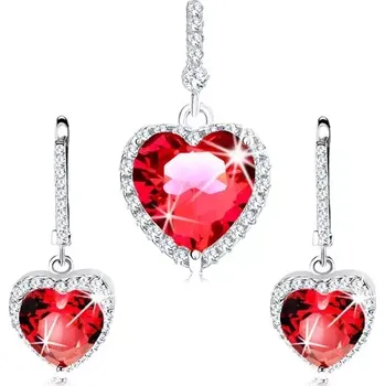 Náušnice Stříbrný set 925 - náušnice a přívěsek, červené srdce s čirými zirkonky
