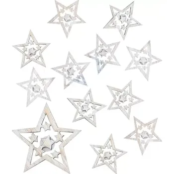 Vánoce Hvězda dřevěná s lepíkem 4 cm, 12 ks, přírodní 5326