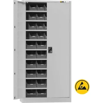 ESD zásobníková skříň, v x š x h: 1950x950x400 mm, 9 polic, 44 zásobníků, šedá RAL7035