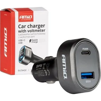 Autoadaptér s voltmetrem 48W PD30W QC3.0 USB-A USB-C AMIO