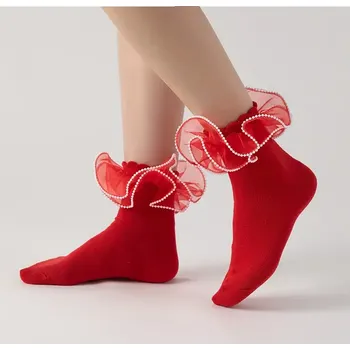 Dámské ponožky IGNITE Dámské ponožky s korálkovým volánkem červené + Doprava zdarma