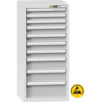ESD zásuvková dílenská skříňka, 10 x zásuvka, v x š x h: 1215 x 731 x 630 mm, barva šedá RAL7035