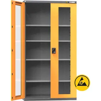 ESD dílenská skříň, v x š x h: 1950x1044x655 mm, dveře dvoukřídlé prosklené, 4 police 100 kg, barva antracit RAL7016/oranžová RAL1028