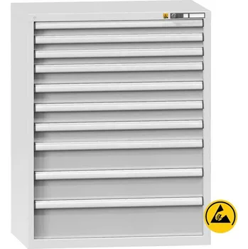 ESD zásuvková dílenská skříňka, 10 x zásuvka, v x š x h: 1215 x 1037 x 630 mm, barva šedá RAL7035