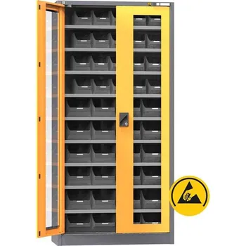 ESD zásobníková skříň, v x š x h: 1950x950x400 mm, dveře prosklené, 9 polic, 44 zásobníků, antracit RAL7016/oranžová RAL1028