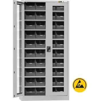 ESD zásobníková skříň, v x š x h: 1950x950x400 mm, dveře prosklené, 9 polic, 40 zásobníků, šedá RAL7035