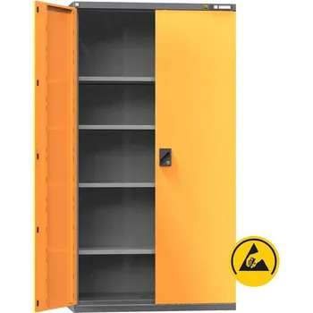 ESD dílenská skříň, v x š x h: 1950x1044x655 mm, dveře dvoukřídlé plné, 4 police 100 kg, barva antracit RAL7016/oranžová RAL1028