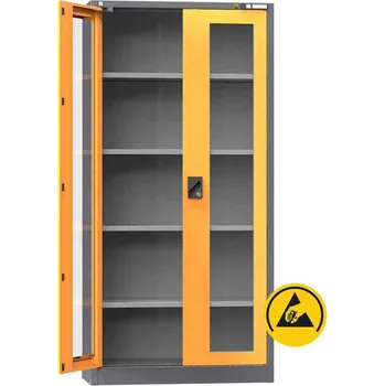 ESD dílenská skříň, v x š x h: 1950x950x400 mm, dveře dvoukřídlé prosklené, 4 police 100 kg, barva antracit RAL7016/oranžová RAL1028