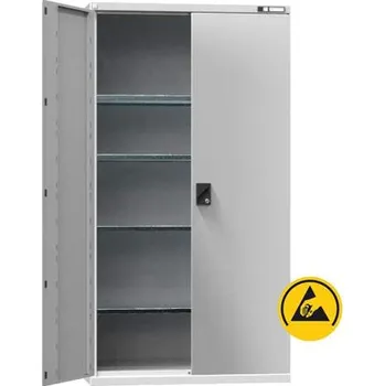 ESD dílenská skříň, v x š x h: 1950x1044x655 mm, dveře dvoukřídlé plné, 4 police 100 kg, barva šedá RAL7035