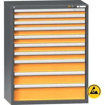 ESD zásuvková dílenská skříňka, 10 x zásuvka, v x š x h: 1215 x 1037 x 630 mm, barva antracit RAL7016/oranžová RAL1028